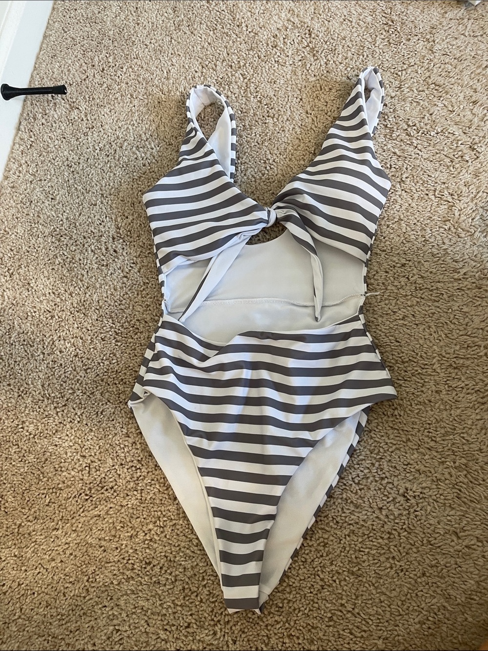 Striped One-Piece Cutout Swimsuit in White & Gray